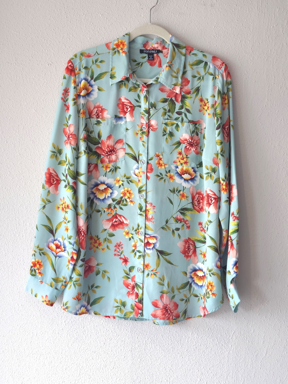 Roz & Ali Button-front Blouse Mint with Coral Red Floral Print PLUS SIZE 1X